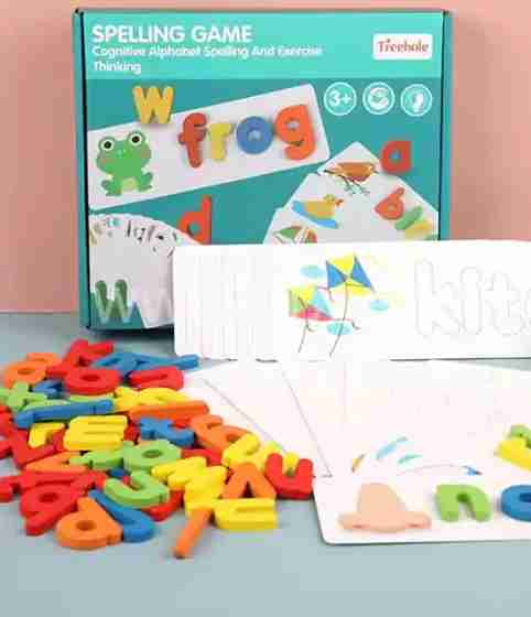 Spelling game with colorful magnetic letters and packaging on a light blue background