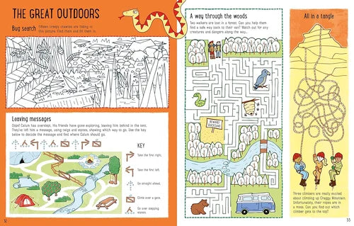 Children's activity book with outdoor-themed games and illustrations