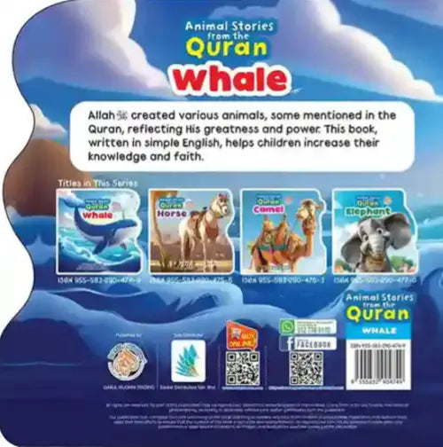 Back cover of a book titled 'Animal Stories from the Quran' with whale illustration and text.