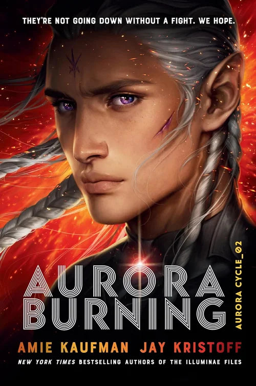 Book cover of 'Aurora Burning' with a character's face and fiery background.