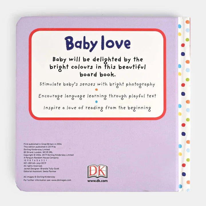Back cover of a children's board book titled 'Baby Love' with DK branding.