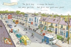 Illustrated town scene with people and activities on a street.