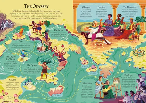 Map of 'The Odyssey' with characters and scenes from the epic poem.
