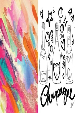 Colorful abstract design with black line art of champagne bottles and 'Champagne' text.