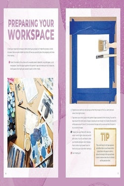 Instructions for preparing a workspace with tools and a framed picture on a pink background.
