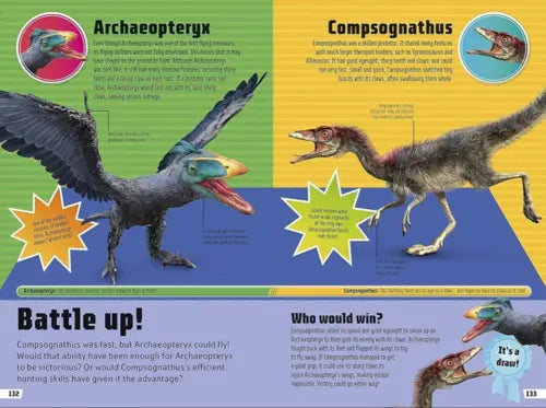 Illustration of Archaeopteryx and Compsognathus with educational text on a colorful background