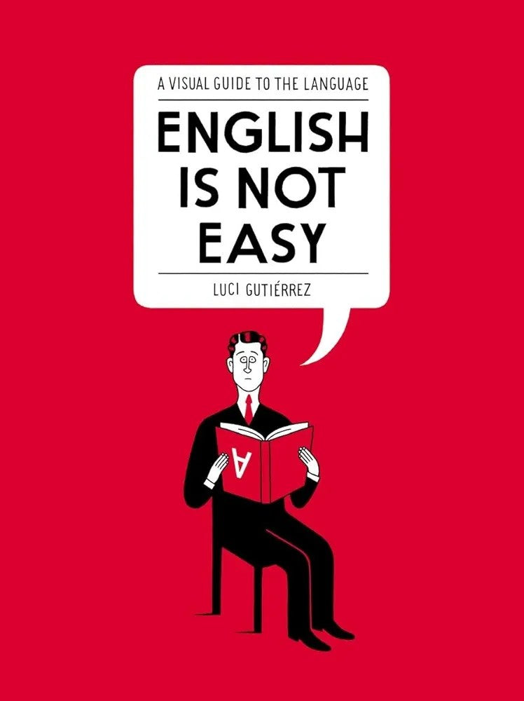 A book cover featuring a cartoon illustration of a person sitting and reading a book with a speech bubble that contains text. The background is red.