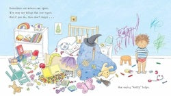 Children's book illustration of a room with toys and children, featuring a shark and a child holding a teddy bear.