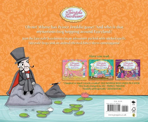 Back cover of a children's book with a fairy tale theme, featuring a character and text on an orange and blue background.