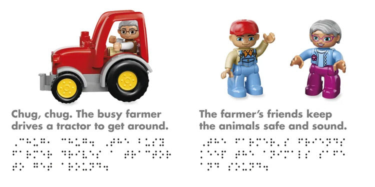 Toy figure of a farmer with a red tractor and text about the farmer's activities.