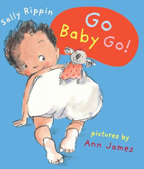 Book cover of 'Go Baby Go!' with a child holding a koala toy against a blue background