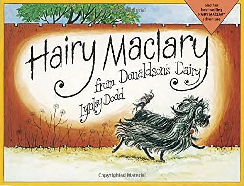 Book cover of 'Hairy Maclary from Donaldson's Dairy' with a rooster illustration.