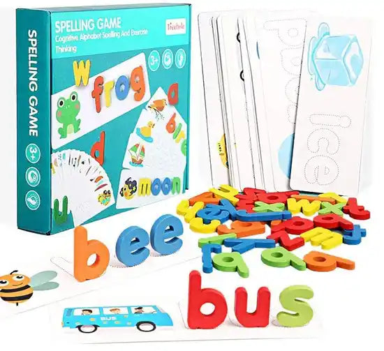 Spelling game with colorful letters and packaging on a white background
