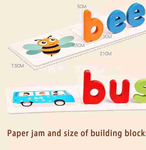 Colorful building blocks with letters and a bee illustration on a white background