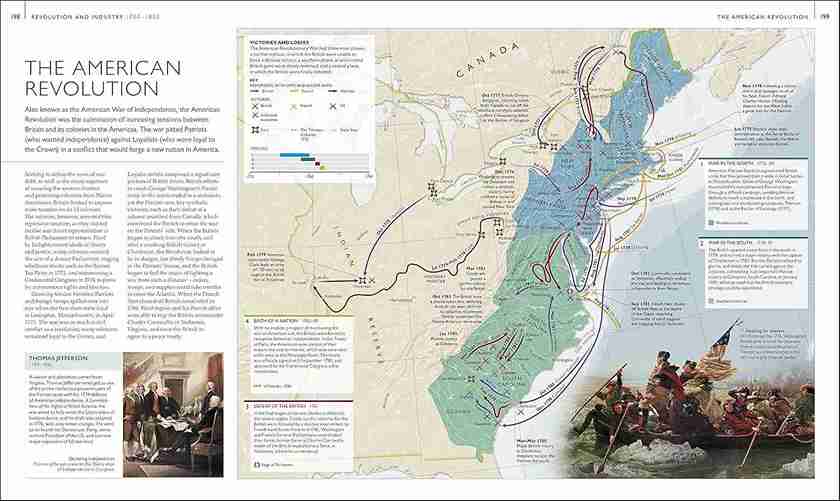 Map and illustrations of the American Revolution in a book or educational material.