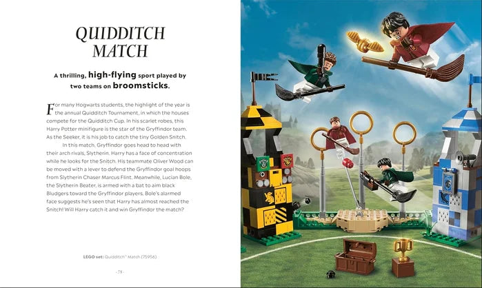 LEGO Quidditch set with characters on broomsticks against a blue sky.