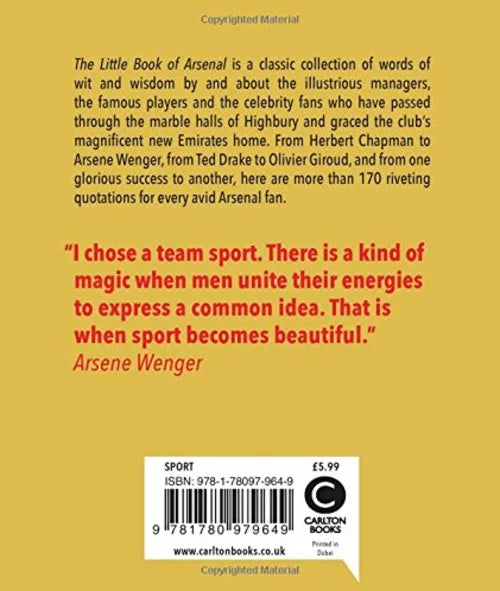 Back cover of a book with text and a quote by Arsene Wenger on a yellow background