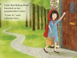 Illustration of Little Red Riding Hood knocking on a door with a forest background