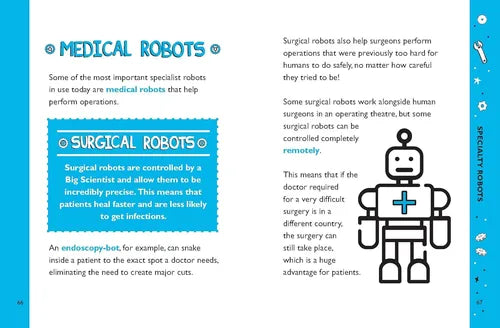 Educational page about medical robots, specifically surgical robots, with a robot illustration on a blue background.