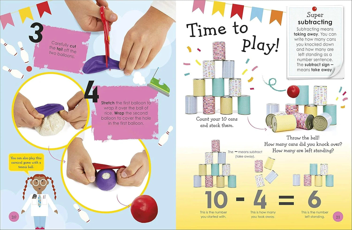 Educational children's book page with hands-on activities and math problems.