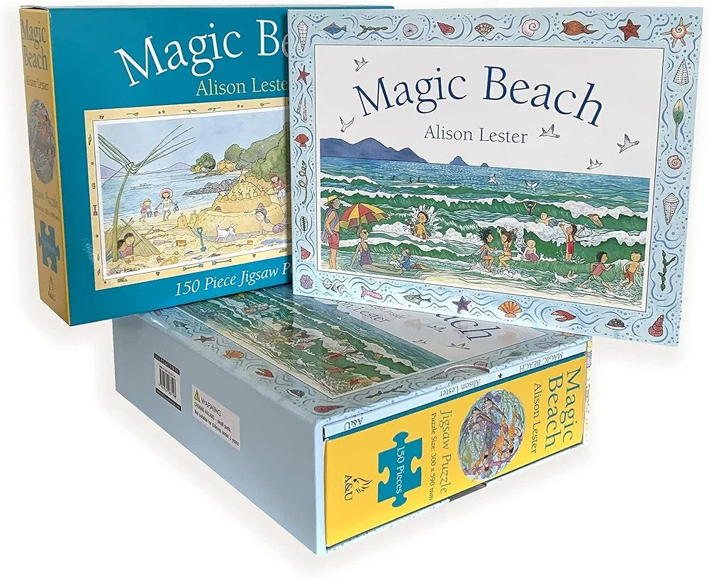 The image shows a box of 'Magic Beach' jigsaw puzzle alongside its packaging which features an illustration of a beach scene. The puzzle pieces are visible in the box.