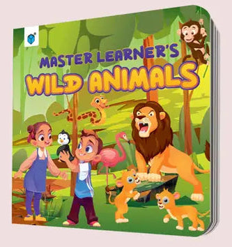 Children's book titled 'Master Learner's Wild Animals' with cartoon characters on a green background.
