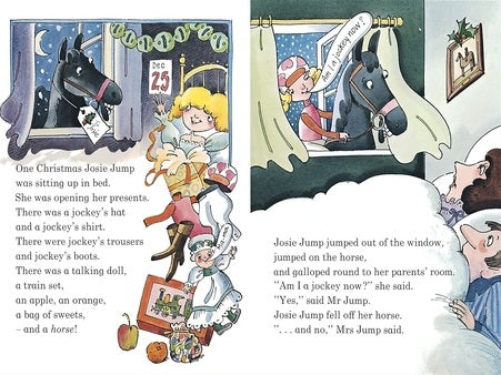 Illustrated book page with a Christmas scene featuring a horse and children opening presents.
