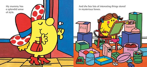 Illustration from a children's book with a yellow character and colorful boxes.