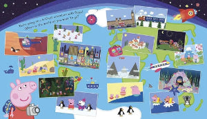 Children's educational board game with various scenes and characters on a blue background