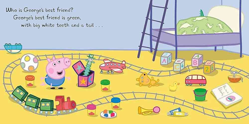 Cartoon scene with a child playing with toys on a yellow floor, including a toy train and various items.