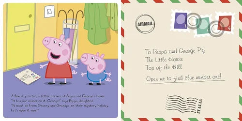 Illustration of Peppa Pig and George with a letterhead resembling an air mail envelope.