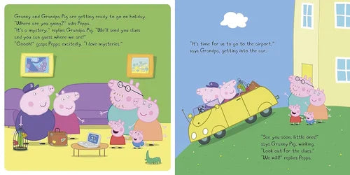 Illustration of Peppa Pig and family preparing for a holiday, with a car and airport scene.