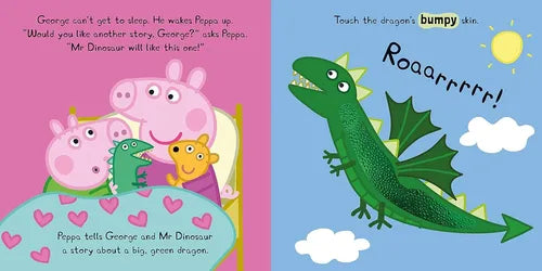 Children's book pages with a pink background featuring a pig and two children, and a blue background with a green dinosaur.