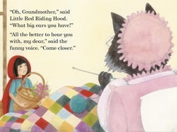 Illustration of Little Red Riding Hood and the wolf from a children's book, with text.