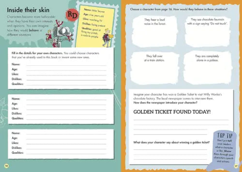 Educational worksheet with character development activities on a teal background