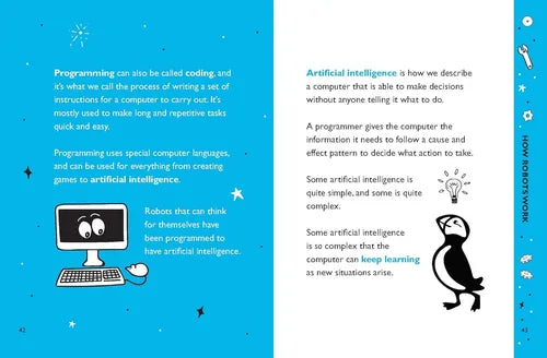 Educational book page about programming and artificial intelligence with text and graphics on a blue background.