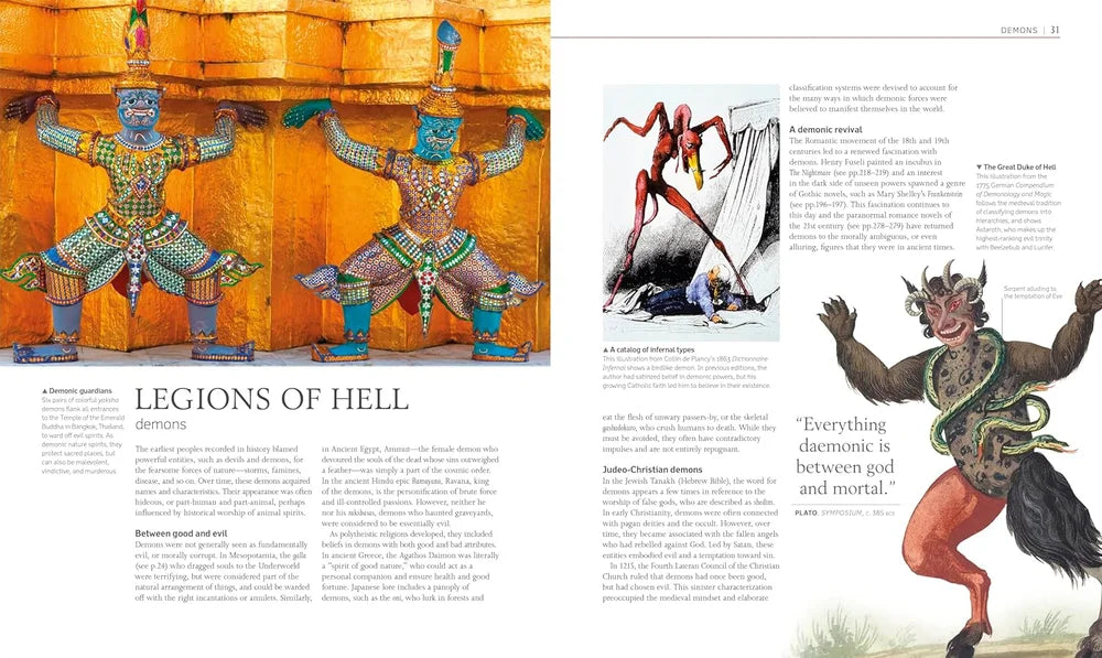 Illustrations of demonic figures on a magazine or book page with text.