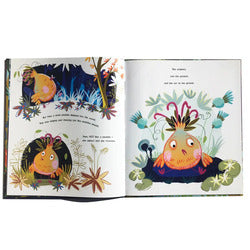 Open book with colorful illustrations of a fish and plants on a white background