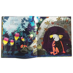 Illustrated book page with a colorful character and nature elements