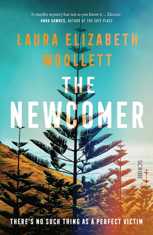Book cover of 'The Newcomer' by Laura Elizabeth Woollett with a stylized tree and mountain background.
