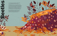 Illustration of a large beetle with autumn leaves and flowers on a blue background