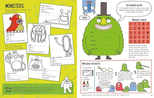 Children's activity book with monster-themed pages including coloring, word search, and maze activities.