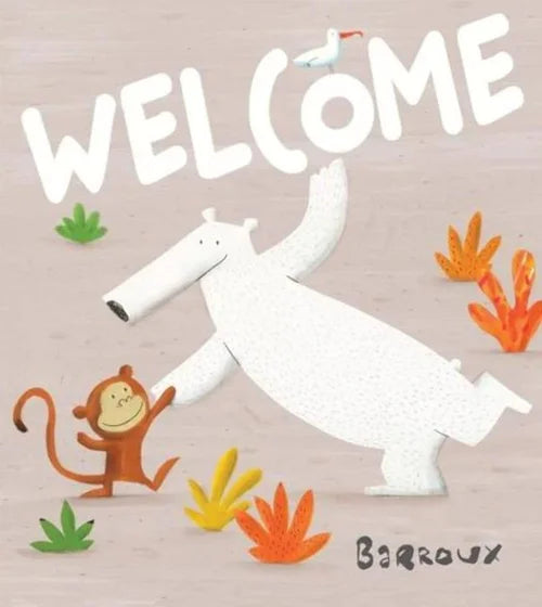 Illustration of a white creature, monkey, and bird with 'Welcome' text on a beige background