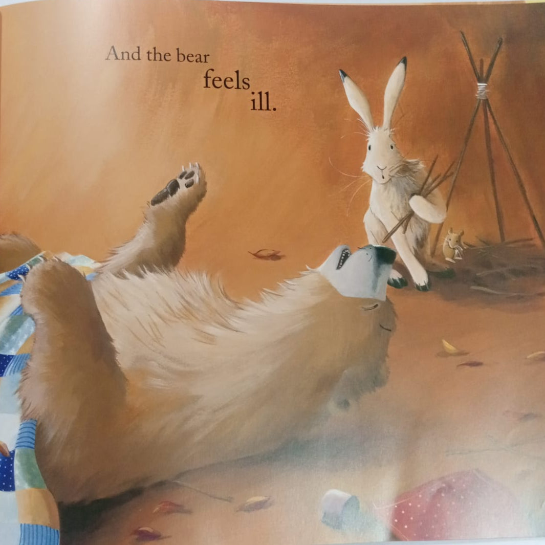 featuring illustrations of a bear, a bird, and a rabbit in a natural setting with a blue sky.