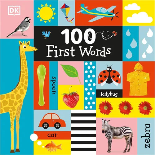 Book cover of '100 First Words' with colorful illustrations and text.