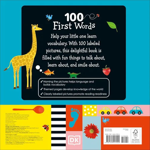 Back cover of a children's book titled '100 First Words' with illustrations and text on a blue background.