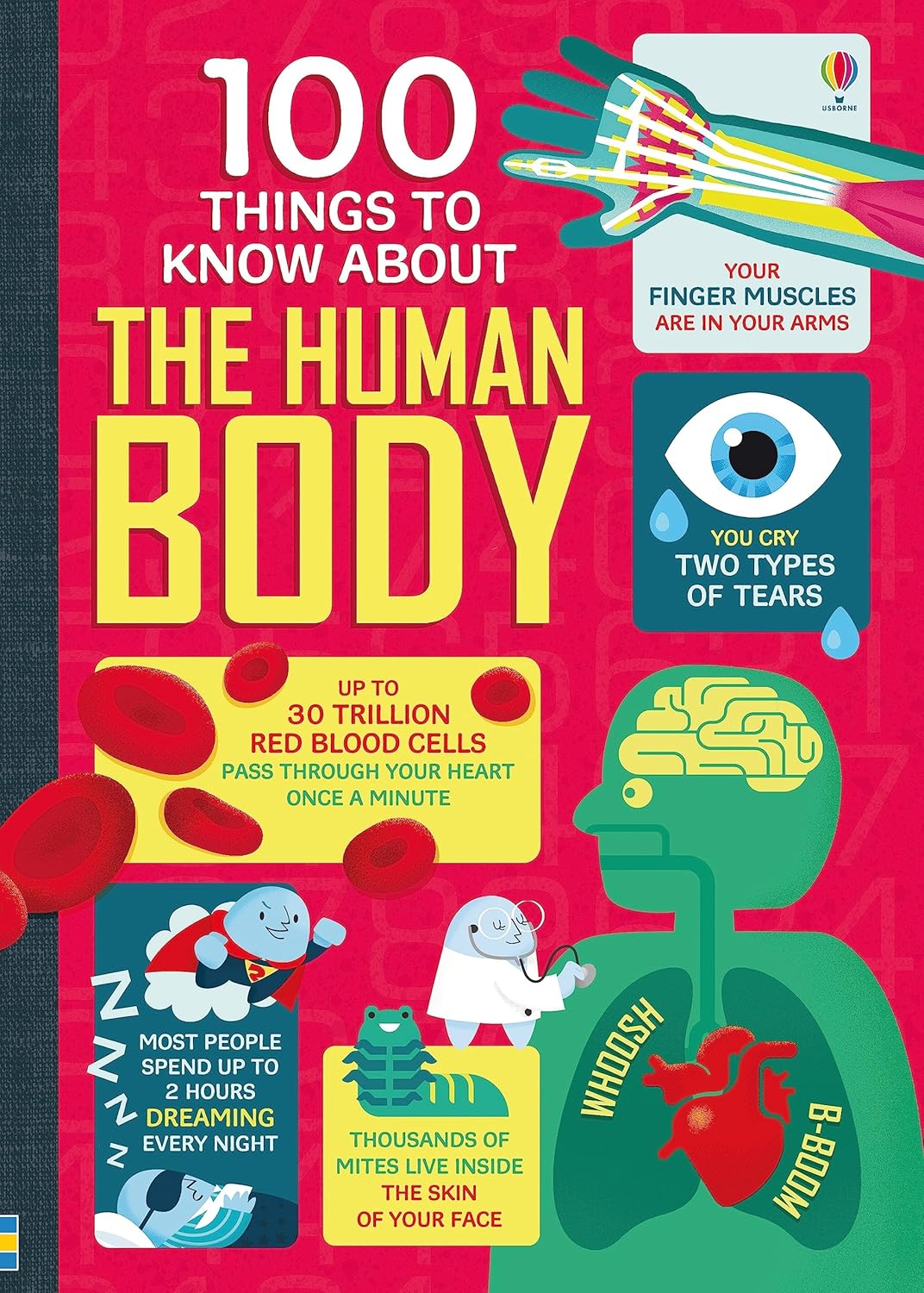 Book cover of '100 Things to Know about the Human Body' featuring various illustrations including a brain, heart, and cells, along with text excerpts explaining the content.
