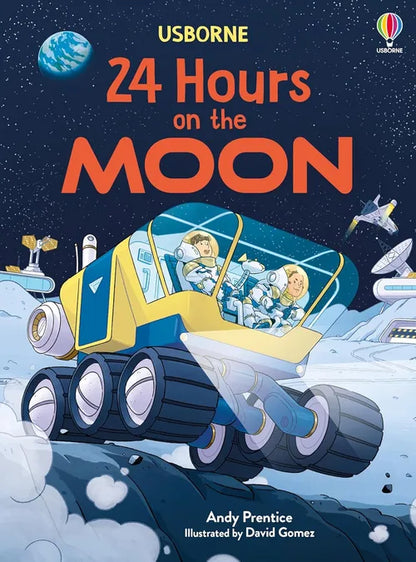 Book cover of '24 Hours on the Moon' with a space vehicle and astronauts on the moon, Usborne logo visible.