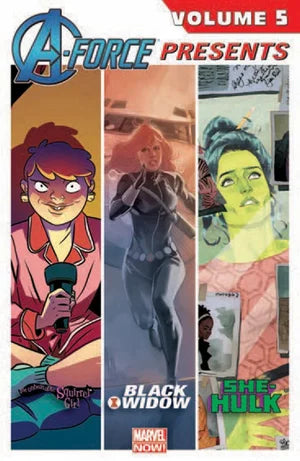 Comic book cover featuring characters from A-Force Volume 5 with 'Black Widow' and 'She-Hulk'.