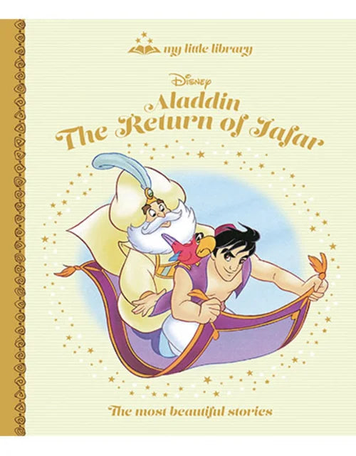 Disney Aladdin book cover featuring Aladdin and Jafar on a yellow background